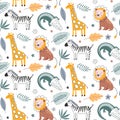 Cute vector seamless pattern with safari animals, alligator, zebra, lion, giraffe and tropical plants.