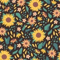 Cute vector seamless pattern with sunflowers, seeds and leaves on dark background Royalty Free Stock Photo