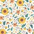 Cute vector seamless pattern with sunflowers, seeds and leaves Royalty Free Stock Photo