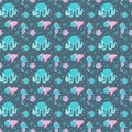 Cute vector seamless pattern for toddlers of cartoon funny marine inhabitants in the Scandinavian style. Smiling octopuses, seahor