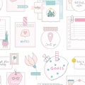 Cute vector seamless pattern with wall moodboard, notes, papers for package, wrap, textile.