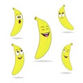 Cute vector set of banana fruit character in various action emotions. Royalty Free Stock Photo