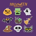 Cute vector set with Halloween illustrations. Smiling and funny cartoon characters: pumpkin, ghost, cat Royalty Free Stock Photo