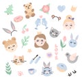 cute vector set of hand-drawn cartoon elements. princess girls, kittens, donuts, teddy bear. Royalty Free Stock Photo