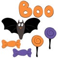 Cute vector set illustrations Halloween. Cartoon bat, candy, letters. Boo. Stickers, icons, design elements isolated on Royalty Free Stock Photo