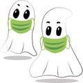 Cute vector set illustrations Halloween quarantine. Cartoon good ghost and evil ghost with masks. Stickers, icons Royalty Free Stock Photo