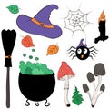 Cute vector set illustrations Halloween. Witch attributes: potion pot, hat, broom, candle stub, spider with cobwebs Royalty Free Stock Photo