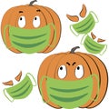 Cute vector set illustrations quarantine Halloween. Cartoon angry and funny pumpkin with masks. Ghost eyes and smiles