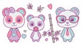 Cute vector set with pastel colored Giant Panda bear family with mother, father and baby, hearts and bamboo leaves Royalty Free Stock Photo