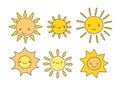 Cute vector set of SUN icons. Funny happy smiley suns. Happy doodles for your design. Bright and beautiful cartoon Royalty Free Stock Photo