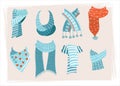 Cute vector set of winter scarves in Scandinavian style. Collection of 8 items of outerwear. Design elements of a winter greeting Royalty Free Stock Photo