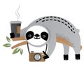 Cute vector sloth bear animal with a cup of coffee and a camera