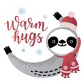 Cute vector sloth bear animal with warm hugs lettering