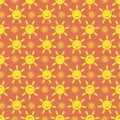 Cute vector smiling laughing kawaii sun and flowers seamless pattern background. Cartoon yellow weather and floral icons