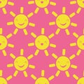 Cute vector smiling laughing kawaii sun seamless pattern background. Cartoon yellow weather icons on pink backdrop. Fun