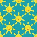 Cute vector smiling laughing kawaii suns. Seamless pattern background. Cartoon yellow weather icons on aqua blue