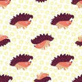 Cute vector spiky, prickly, hedgehog seamless pattern background. Kawaii hedgehogs on bubble backdrop. Cartoon character