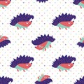 Cute vector spiky, prickly, hedgehog seamless pattern background. Kawaii hedgehogs on polka dot backdrop. Colorful fun