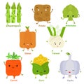 Cute vector of square shaped smiling fruit, vegetable with happy face - Asparagus Potato Artichoke Onion Carrot Corn Garlic Fennel