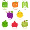 Cute vector of square shaped smiling fruit, vegetable with happy face - Cucumber Pea Pumpkin Grape Lemon Lime Rose Apple Royalty Free Stock Photo