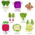 Cute vector of square shaped smiling fruit, vegetable with happy face - Leek Red cabbage Turmeric Broccoli Cauliflower Chard