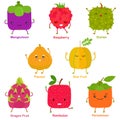 Cute vector of square shaped smiling fruit, vegetable with happy face - Star Fruit Raspberry Durian Dragon Fruit Persimmon