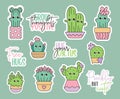 Cute vector stickers pack of kawaii doodles cactus in pots. Baby cacti kids illustration in cartoon style. Succulents gardening