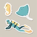 Cute vector stickers set with diver, devilfish, seahorse.Underwater cartoon creatures.Marine animals.Cute ocean