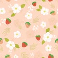 Cute vector strawberries and white flowers field seamless repeating pattern background