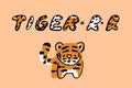 Cute vector tiger and Tiger-r-r hand drawn text. Orange striped little animal on pink background