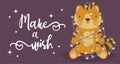 Cute vector tiger tangled in a garland. Winter greating card with slogan. Make a wish. With star lights. Symbol of year. Poster