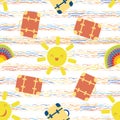 Cute vector travel seamless pattern background with kawaii sun, suitcases, rainbows. Fun repeat with colorful vacation