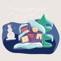 Cute vector winter cartoon landscape with funny little house  in the snow among the Christmas trees. Can be used for Christmas Royalty Free Stock Photo