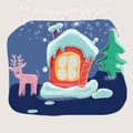 Cute vector winter cartoon landscape with funny little house  in the snow among the Christmas trees. Can be used for Christmas Royalty Free Stock Photo