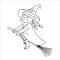 Cute vector witch on the broom. Halloween black and white character icon. Funny autumn all saints eve illustration with girl in a