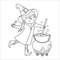 Cute vector witch. Halloween black and white character icon. Funny autumn all saints eve illustration with girl preparing green