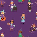 Cute vector Witch Halloween little girl harridan with broom with copper cartoon magic young witch woman dress character