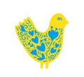 Cute vector yellow Bird with blue flowers and heart. folk hand drawing. dove or chicken of peace. folk folklore Ukraine