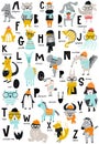 Cute vector zoo alphabet poster with latin letters and cartoon animals. Set of kids abc elements in scandinavian style Royalty Free Stock Photo