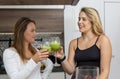 Cute vegan lesbian couple, preparing spinach smoothie. LGTB concept, vegan people