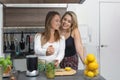 Vegan lesbian couple, preparing spinach smoothie. LGTB concept, vegan people