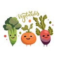 Cute vegetable cartoon characters isolated on white background. Funny celery, turnip, beetroot with lettering word