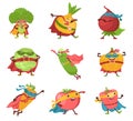 Cute vegetable superheroes. Cartoon funny characters in heroic costumes. Fantastic strong fruits. Capes and masks