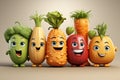 Cute vegetables character animated, cartoon style, animated expressions, quirky expressions, playful expressions, white