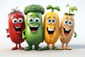 Cute vegetables character animated, cartoon style, animated expressions, quirky expressions, playful expressions, white