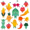 Cute vegetables and fruit characters with face expressions, kawaii cartoon mascots, collection of happy funny food Royalty Free Stock Photo