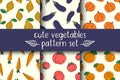 Cute vegetables seamless patterns set. Vegetables on beige background with aged scratched paper effect. Hand drawn Royalty Free Stock Photo