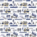 Cute vehicle. Simple cars pattern. Countryside tractor print. Farm machinery childish background design. Industrial