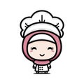 A cute veiled female cartoon character becomes a chef wearing a chef costume while carrying a dish