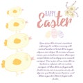 Cute vertical border with Easter elements: chickens, eggs and spring flowers with place for text. Royalty Free Stock Photo